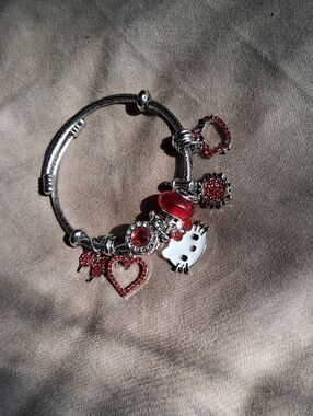 Hello Kitty Silver-Tone Charm Bracelet with Red Accents